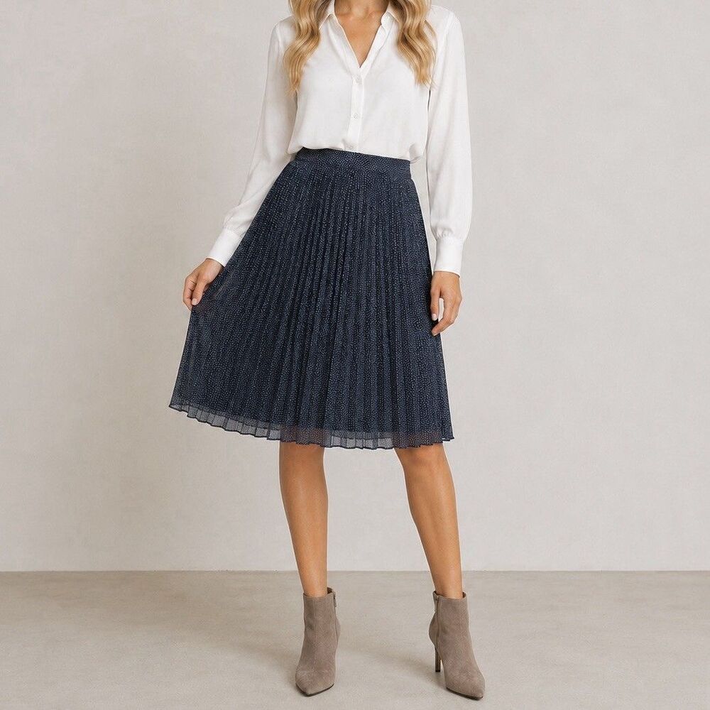 Abercrombie & Fitch Navy Polka Dot Pleated Skirt Womens S Midi Preppy Academia